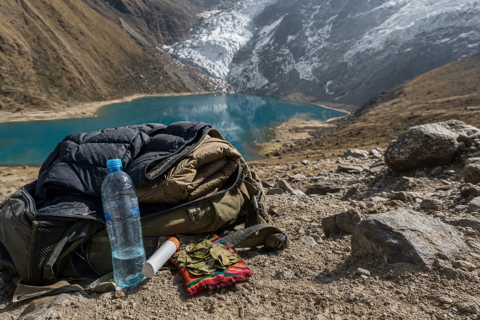 A guide's open daypack with layers, water bottle, sunscreen and coca leaves laid out for the Humantay Lake hike